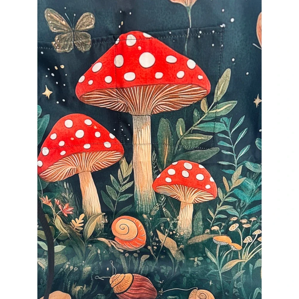 Mushroom Celestial Forest Apron Green Red Cottagecore Whimsical‎ Kitchen Bib